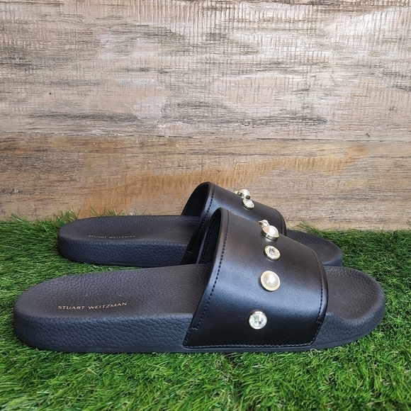 New Stuart WeitzmanWomen's Black Pearlshine Pool Leather Slide Sz 11.0 - Picture 3 of 11